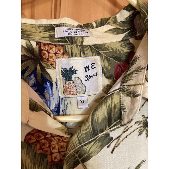 M.E. Sport Mens XL Hawaiian Shirt Yellow Floral Short Sleeve Rayon Sailboat - Picture 2 of 8